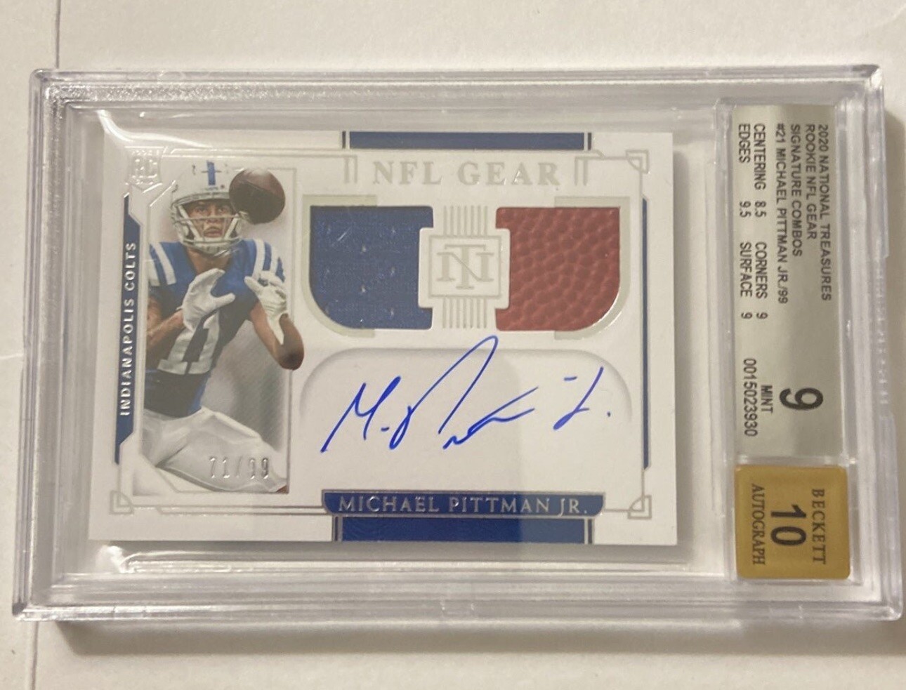 2020 National Treasures NFL Gear Michael Pittman Jr. ROOKIE PATCH AUTO /99 BGS 9