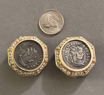 Rare Vintage CINER Gold Plated Rhinestone Faux Ancient Roman Coin Clip Earrings