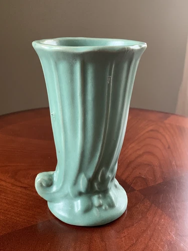 Antique McCoy Pottery Cornucopia Vase ~ Matte Green ~ 6 1/4” Tall