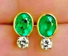 3 Ct Oval Cut Lab Created Green Emerald Stud Earring's in 14K Yellow Gold Plated