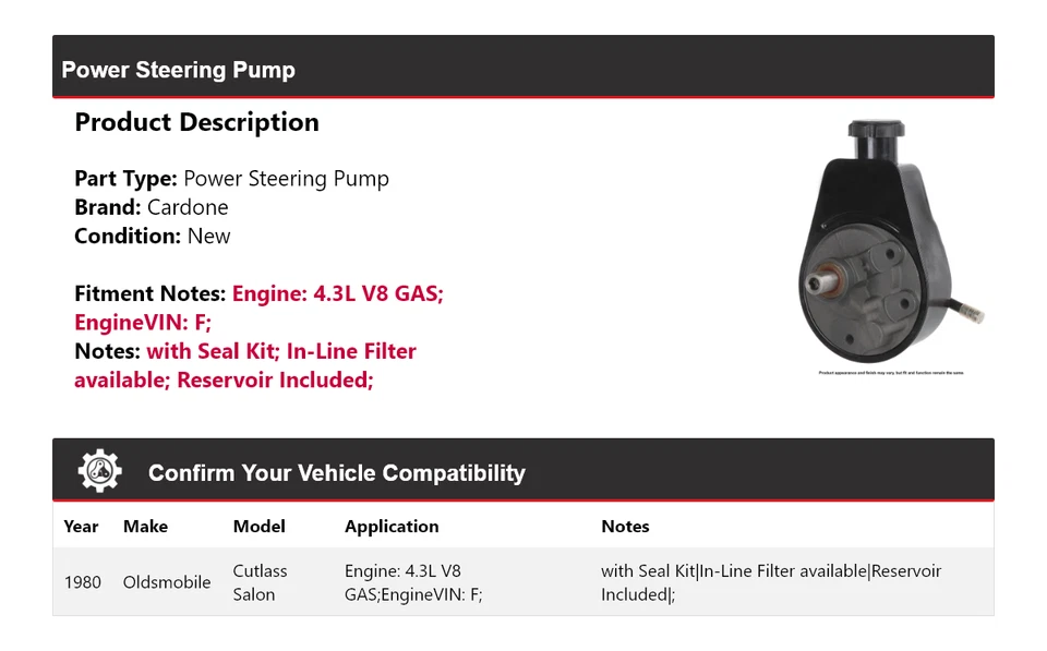 Bomba de dirección asistida de gas Cardone Oldsmobile Cutlass Salon 1980 4,3 L V8 Foto 2 de 4