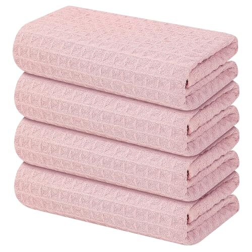 Premium Microfiber Waffle Weave Kitchen Towels, 16 x Pink 16" x 28" - 4 Pack - Picture 1 of 6