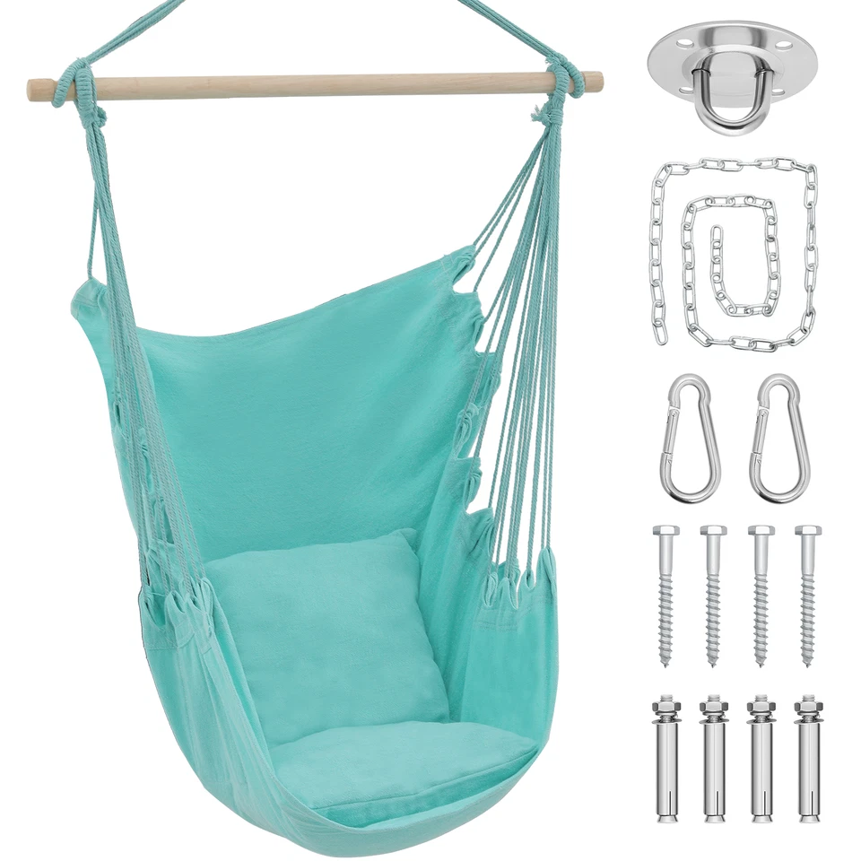 Silla Hamaca Patio Macrame 350LBS Columpio Cuerda Colgante con Bolsillo Lateral y Asiento Cojín Foto 2 de 4