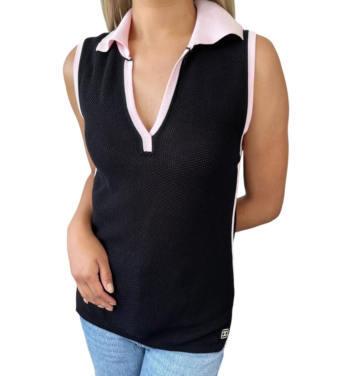 CHANEL Vintage 03P CC Logo Mesh Knit Tank Top #38 Black Pink