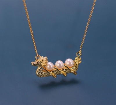 #ad New Natural Gold Dragon Boat with Pearls Necklace Pendant Aaa W 18K Chain $12.99