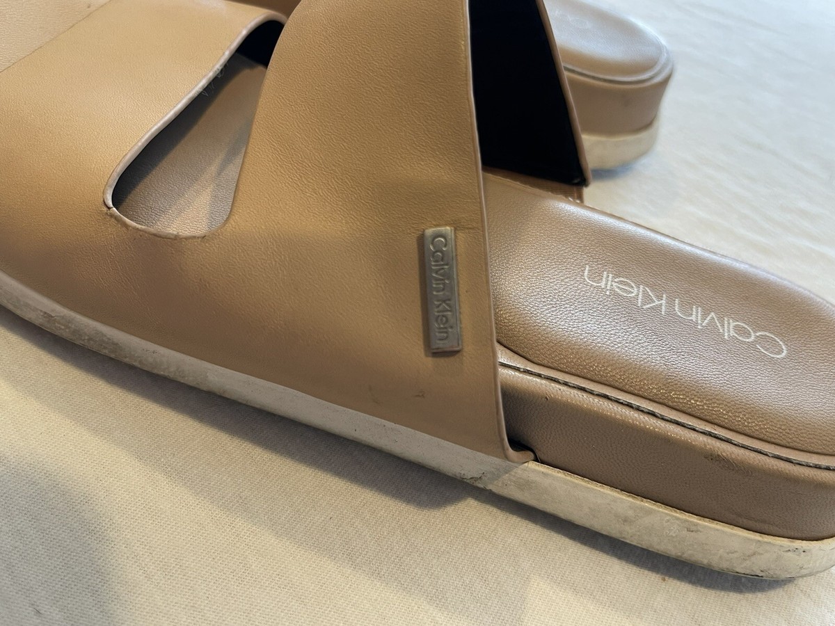 Calvin Klein Diona Women's Size Beige Leather Straps Slide Sandals