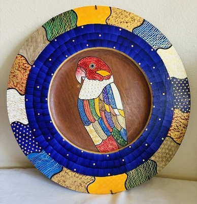 Signed Bibi Leon Hand Crafted Painted Parrot Mahogany Wood Charger 14''Plate Tray