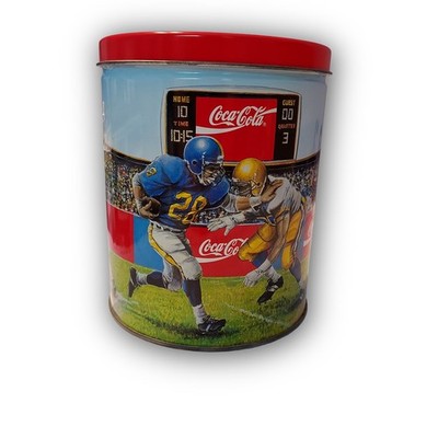 VTG Coca-Cola Sports Tin Cookie Canister Football Baseball Basketball w/ Red Lid