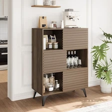 3-Tier Storage Cabinet w Sliding Doors,Fluted Display Stand w Adjustable Shelves