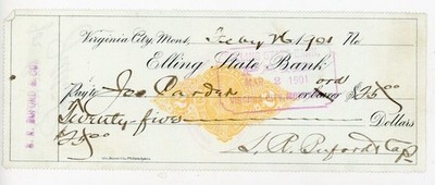 1901 Virginia City MT Elling State Bank Check Hall & Bennett Bankers Jos Carden
