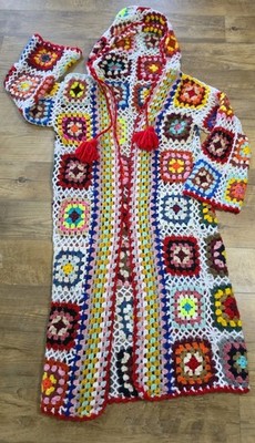 Crochet Granny Square Handmade Cardigan Knit Long Rainbow Hooded Boho Duster