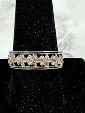Sterling 925 Hawaiian Plumeria Flower Lei Ring - Black Enamel Border - Size 10