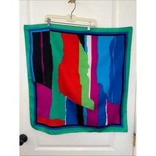 Large Vintage Color-block Green, Blue, Red Fuchsia Abstract Polyester Scarf