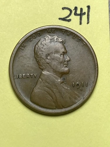 1911-S LINCOLN WHEAT CENT, rare date, "VERY FINE" condition #241