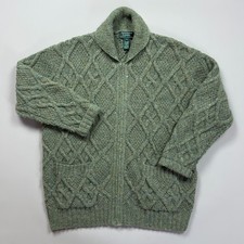 LRL Ralph Lauren Large Green Aran Wool Zip Cardigan Sweater Vintage Shawl Collar