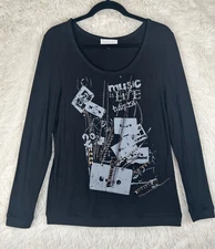 ADORE Size M Black Gray Scoop Neck Music Cassette Edgy Long Sleeve Top Chains