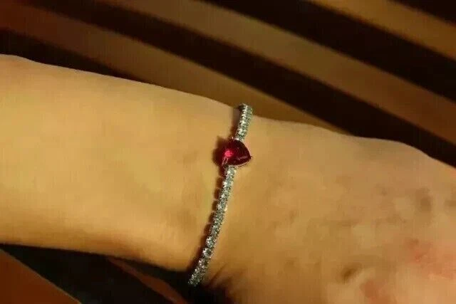 12Ct Created Red Ruby Heart Tennis Bridal Women's Bracelet 14K White Gold Finish - Image 4 of 4