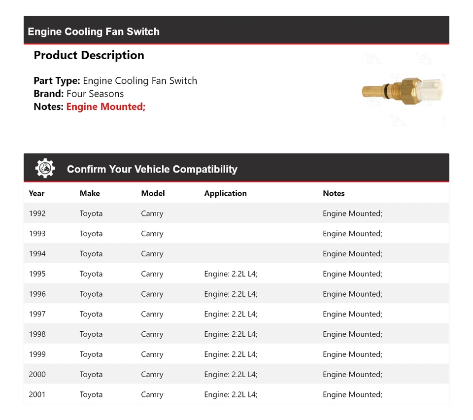 For 1992-2001 Toyota Camry Engine Cooling Fan Switch 4 Seasons 1993 1994 1995 - Image 2 of 4