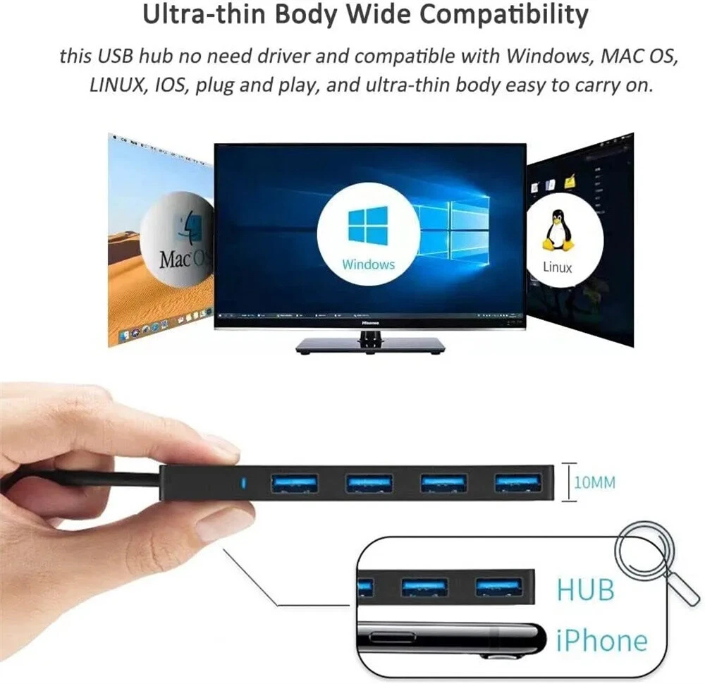 4-Port USB 3.0 Hub for Laptop Fast Data Transfer Expandable Splitter