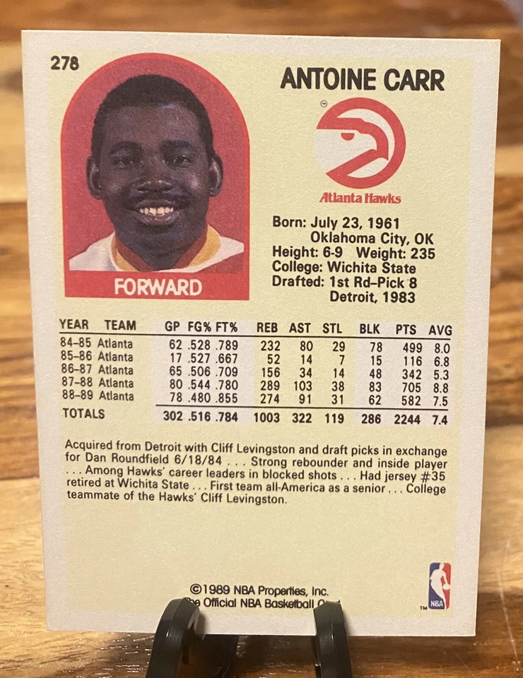 1989/90 Hoops #278 Antoine Carr Hawks Authentic Hand Signed Auto On Card - Image 2 of 3