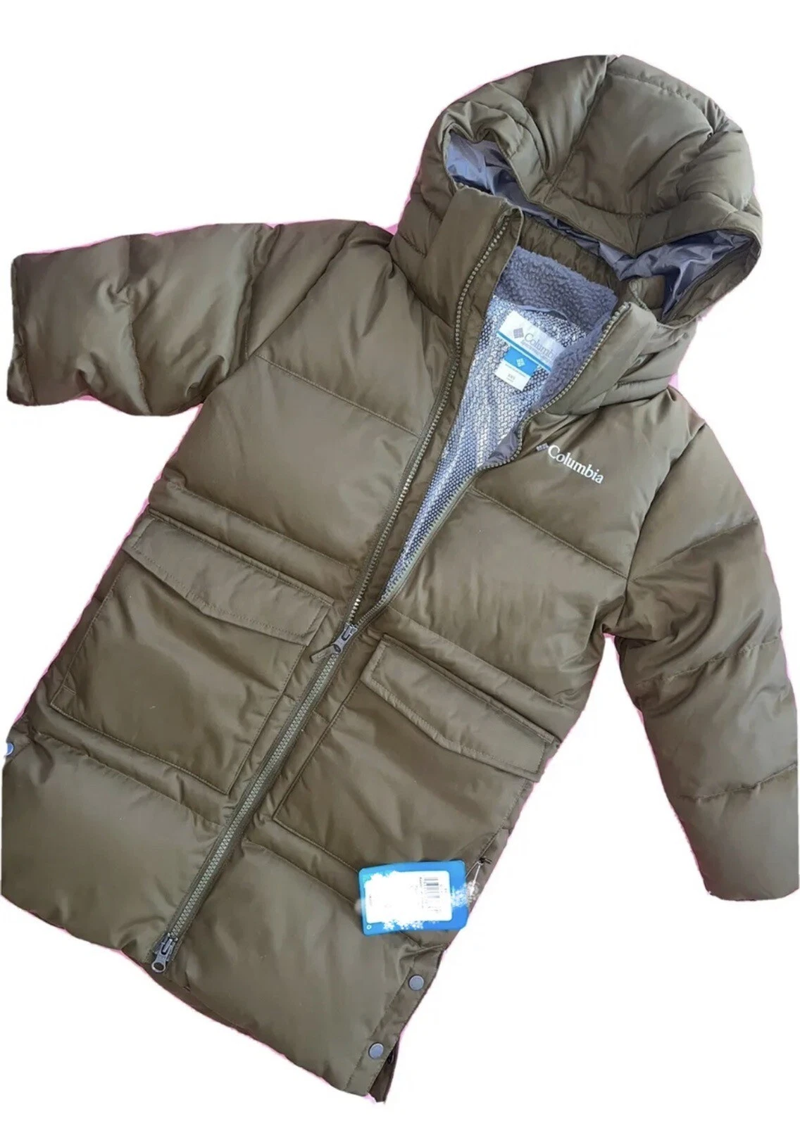 NWT COLUMBIA youth long DOWN JACKET Khaki GREEN XXS 4/5 SKI SNOW JACKET OUTDOORS