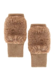 JOCELYN FAUX FUR TOPPED ACRYLIC KNIT FINGERLESS MITTENS GLOVES CAMEL NWOT