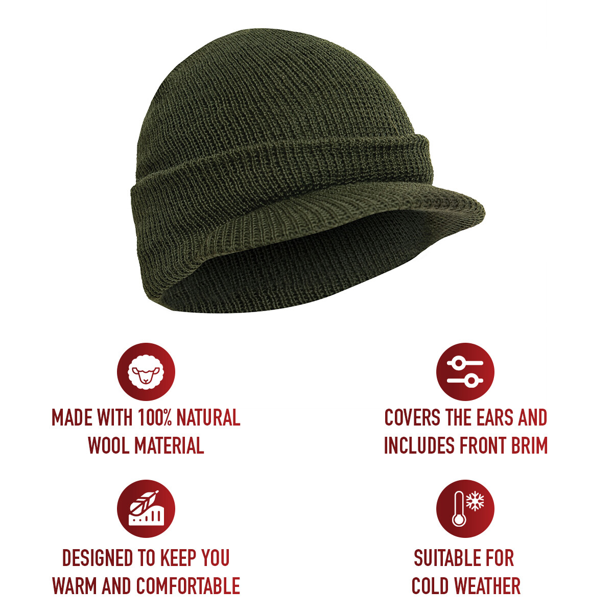 100% Wool Radar Watch Cap with Brim US Made