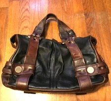 Chocolate Brown Strap Black Pebble Medium Leather Double Zip Satchel Tote Bag