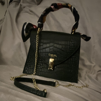 CHEVAL Firenze Green Croc Embossed Satchel, Top Handle, Gold, Detach Strap