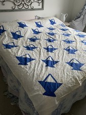 Vintage Basket Quilt Top Summer Coverlet 72  X 82  Blue  Cream Machine As Is