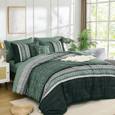 Green Comforter Set King Size, 8 Pieces Boho Striped Bed in a Bag Soft Microfibe