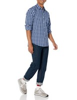Amazon Essentials Herren Business Hemd Langarm Popeline Slim Fit Marineblau Karo
