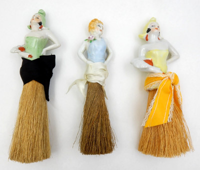3 VINTAGE PORCELAIN VICTORIAN LADY HALF DOLL BRUSH CRUMB WHISK BROOMS, JAPAN