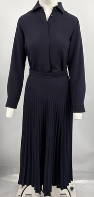 MaxMara Navy Long Sleeve Button-Up Pleated Midi Dress sz 4