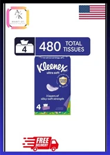 Kleenex Ultra Soft Facial Tissues, 4 Flat Boxes, 120 Tissues per Box, 3-Ply