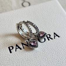 NEW Pandora S925 ALE - Pink Heart Sparkling CZ Hoop Earrings
