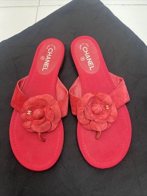 Chanel Sandals 40 CC Red Camellia Flat Thongs Slides Mules Split Tabi Flip Flops