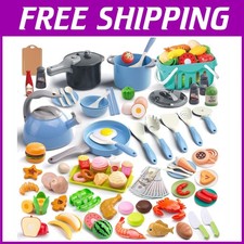 130Pc Toddler Kitchen Playset with Pretend Cookware  Food