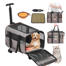 Cat Carrier with Wheels, Airline Approved Rolling Pet Carrier with Telescopic Ha