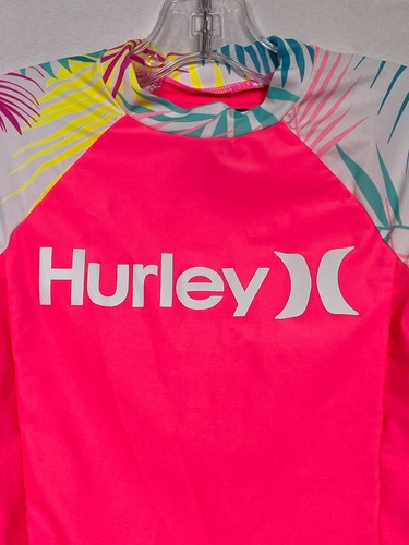 Hurley Floral Neon Pink Rashguard UPF 50+ Wetsuit Swim Top Juniors MEDIUM 10-12 - Picture 2 of 6