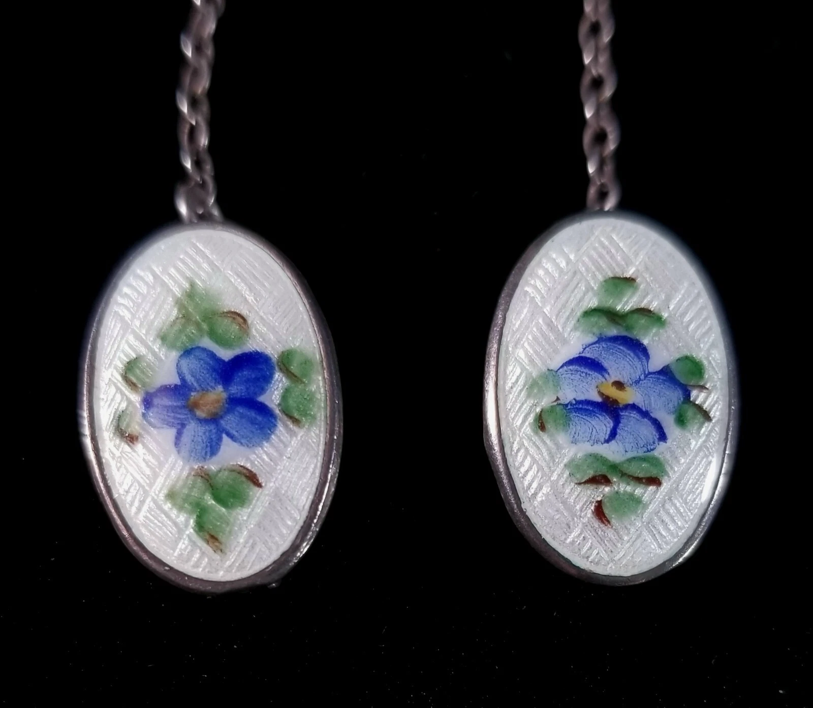 Vtg Sterling White Guilloche Enamel W Blue Flowers Webster Sweater Or Bib Clip