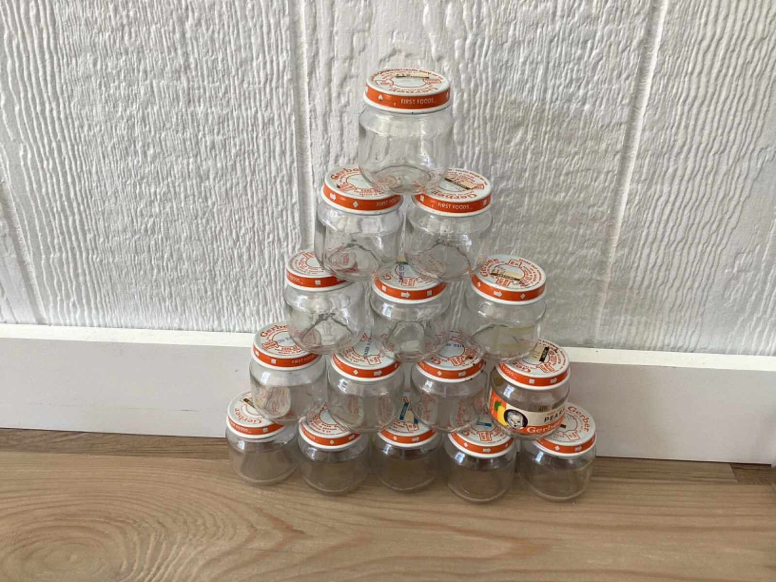 Lot of 15 Vintage 80’s Gerber Baby Empty Food Jars ~~~JARS ONLY Orange Lids