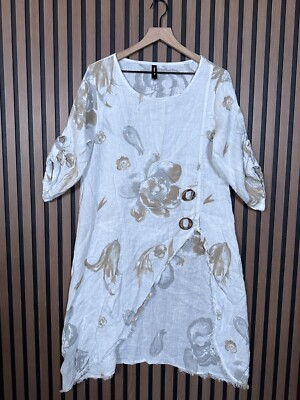 Venti6 Dress Small Womens White High Low High Leg Slit 100% Linen Floral Roll Ta