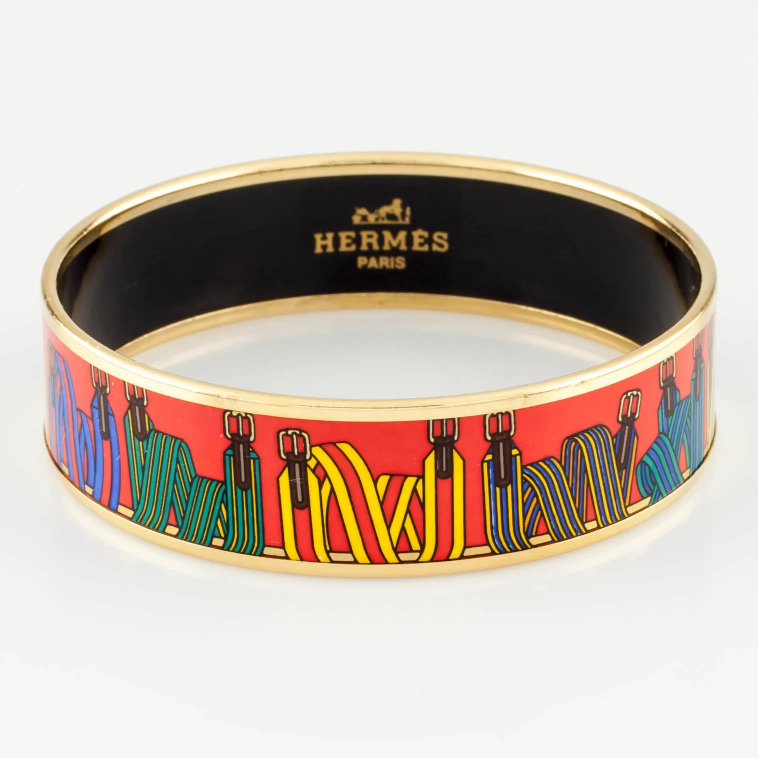 HERMÈS Bracciale Hermes Smalto ""Les Sangles"" Placcato Oro 3 4" Largo