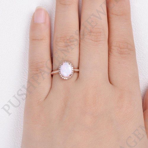 925 Sterling Silver 8x6 mm Oval Shape Natural Opal Ring Cubic Zirconia Halo Ring - Picture 4 of 7