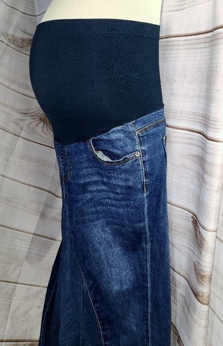 Indigo Poppy Maternity L Jean Denim Long Skirt Flare Trumpet Stretch Full Circle - Picture 2 of 17