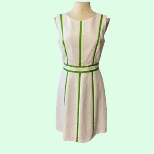 David Meister Dress 6 White Green Textured A Line Sleeveless Career Church