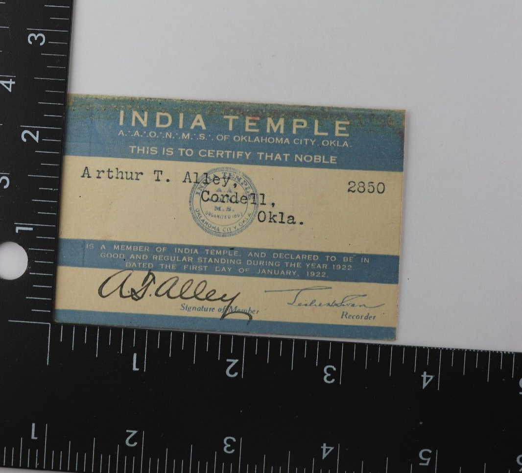 1922 FREE MASON MEMBER GOOD STANDING PAID DUES CARD INDIA TEMPLE