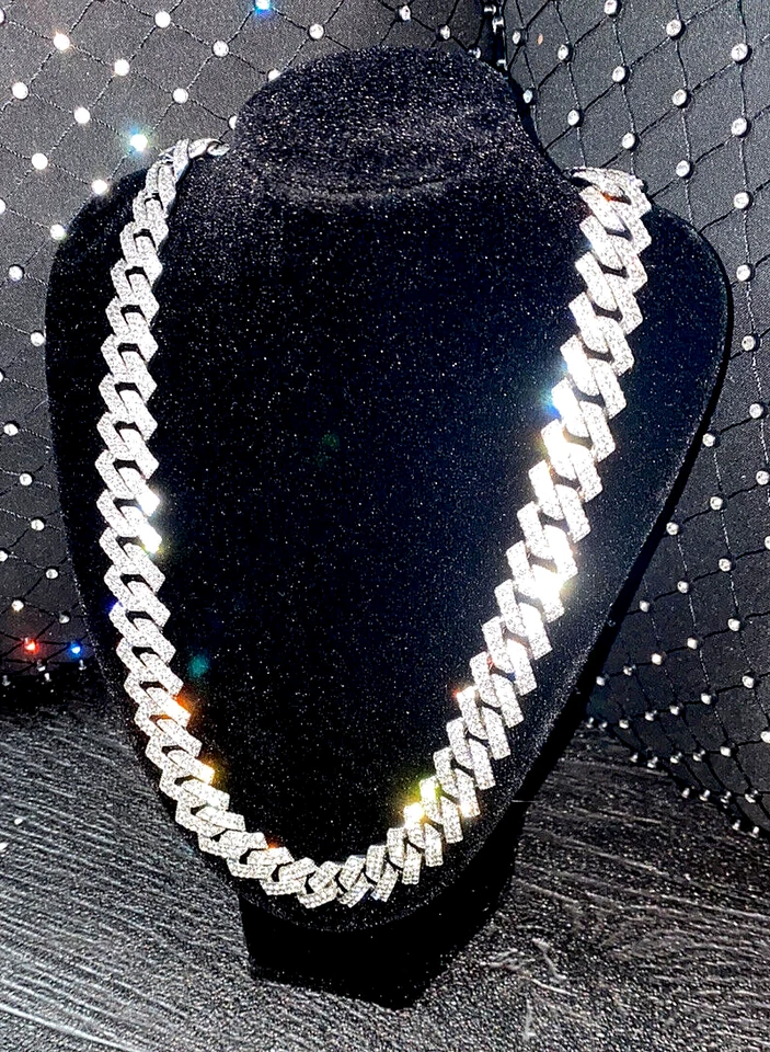 Mens Silver Iced Out Cuban Curb Link Cuban Chain Bracelet Bling 20 Inches UK - Image 3 of 4