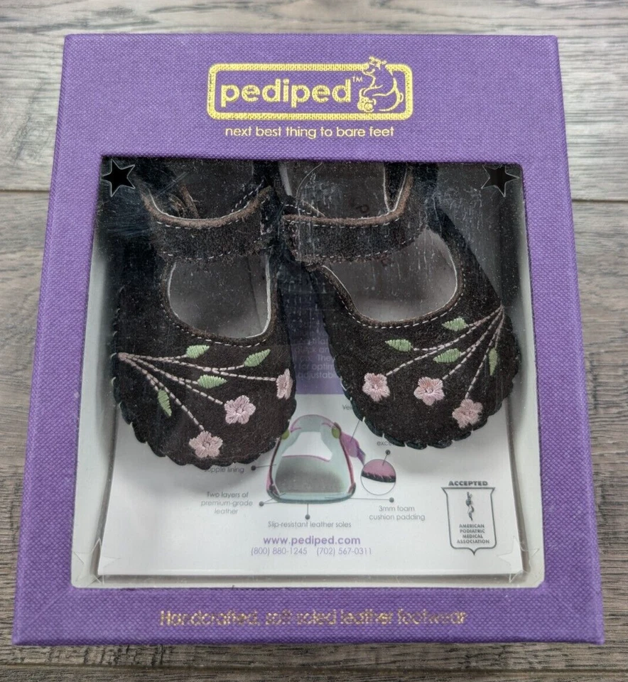 Bebé Niña Ropa Pediped 0-6 Meses Mckenna Marrón y Rosa Flor Zapatos Foto 3 de 4